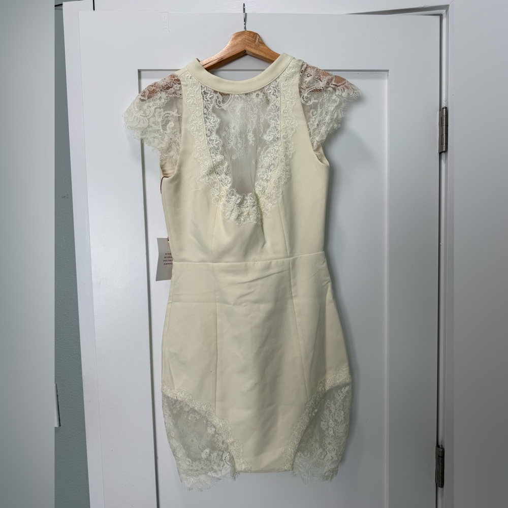 Cream Lace-Detail Midi Dress with Cap Sleeves